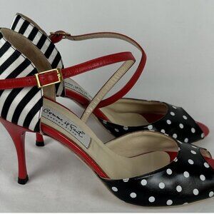 Comme il Faut Argentine Tango Heels Sz 38 US 8 Red Black White Polka Dots Stripe